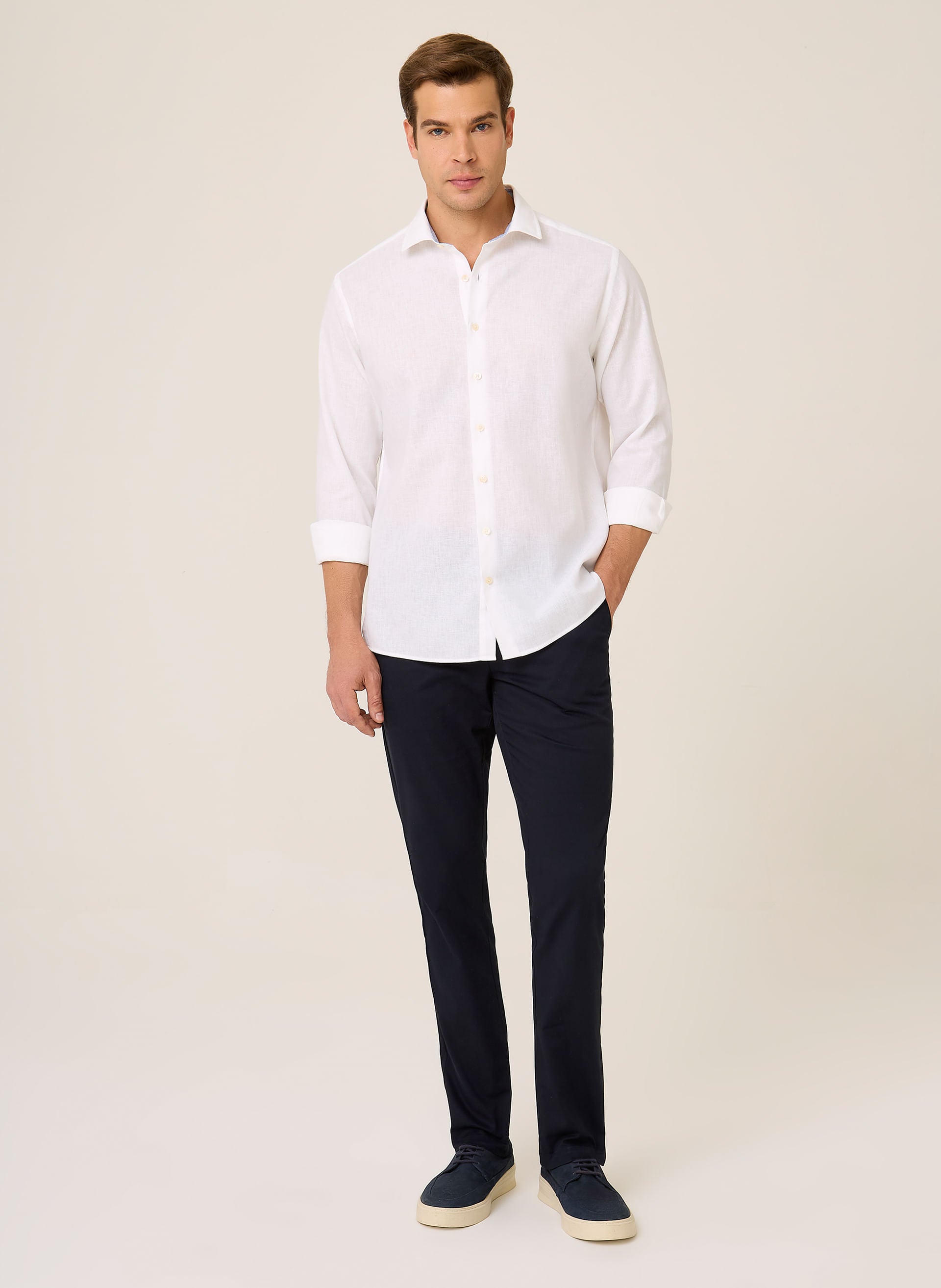 Camisa Masculina Slim Fit Linenblend Branca Confortável Casual