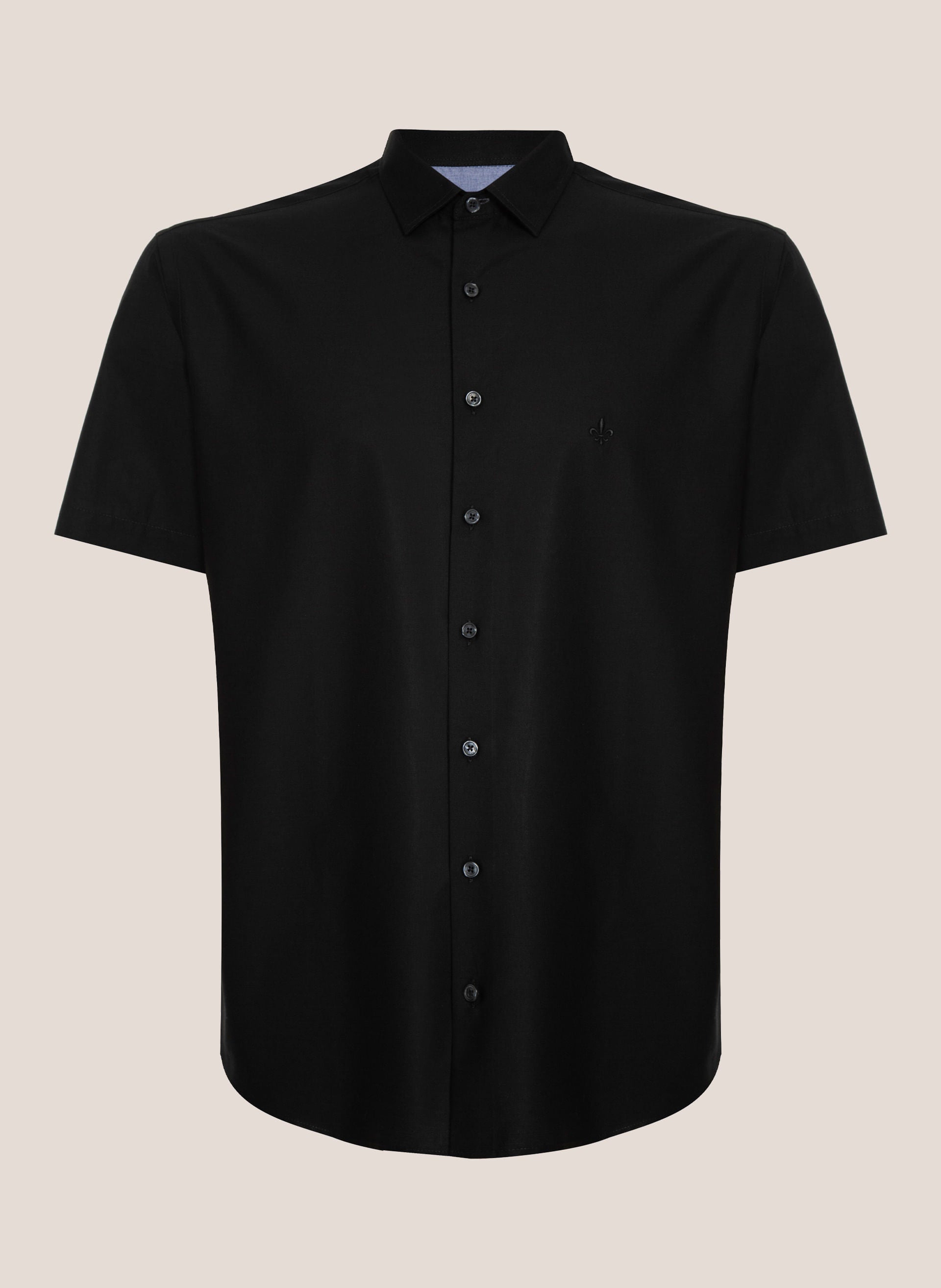 Camisa Comfort Fit Masculina Lisa Preta com Botões e Gola Tradicional
