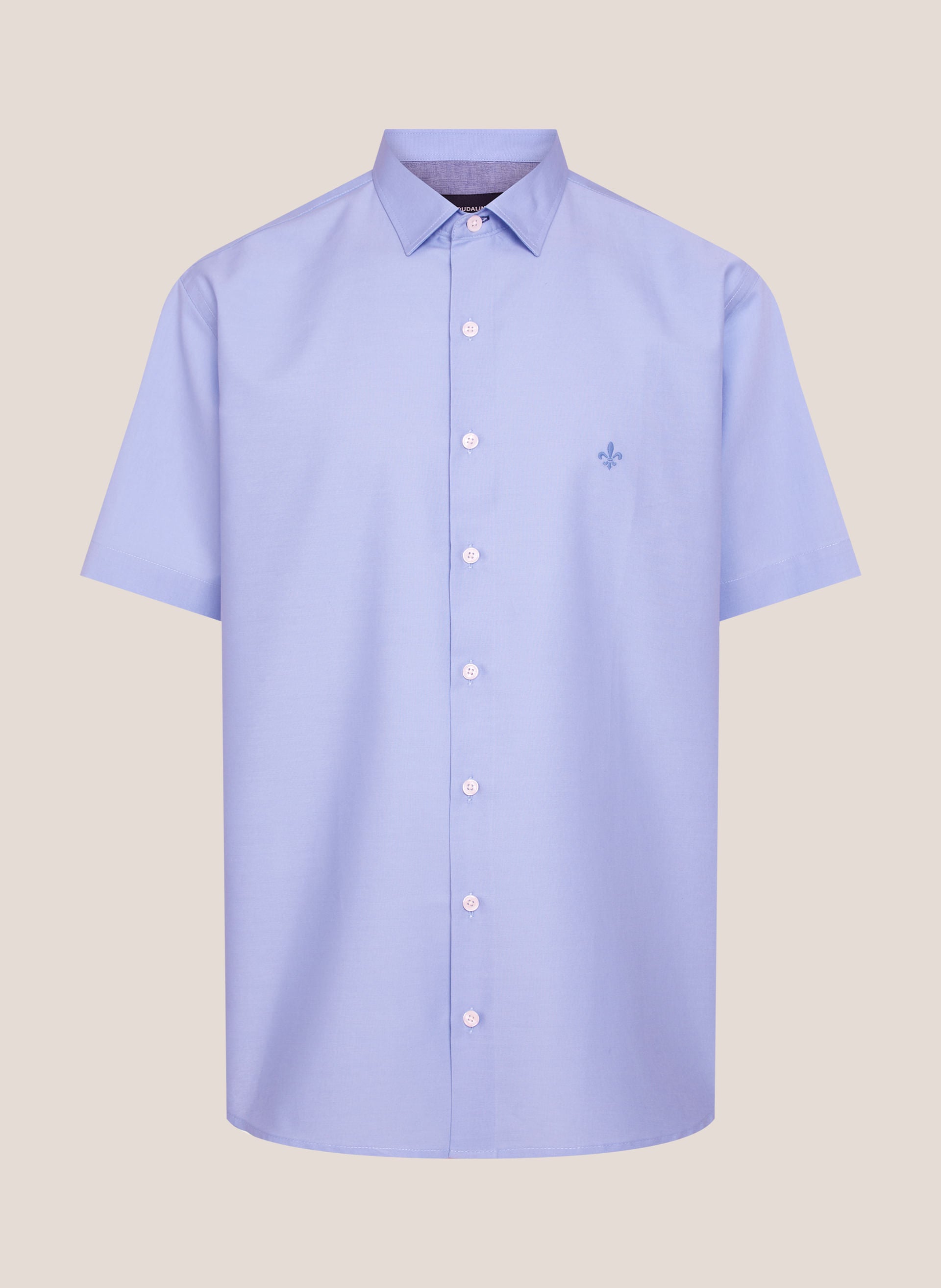 Camisa Masculina Comfort Fit Lisa Azul com Botões e Logo Bordado