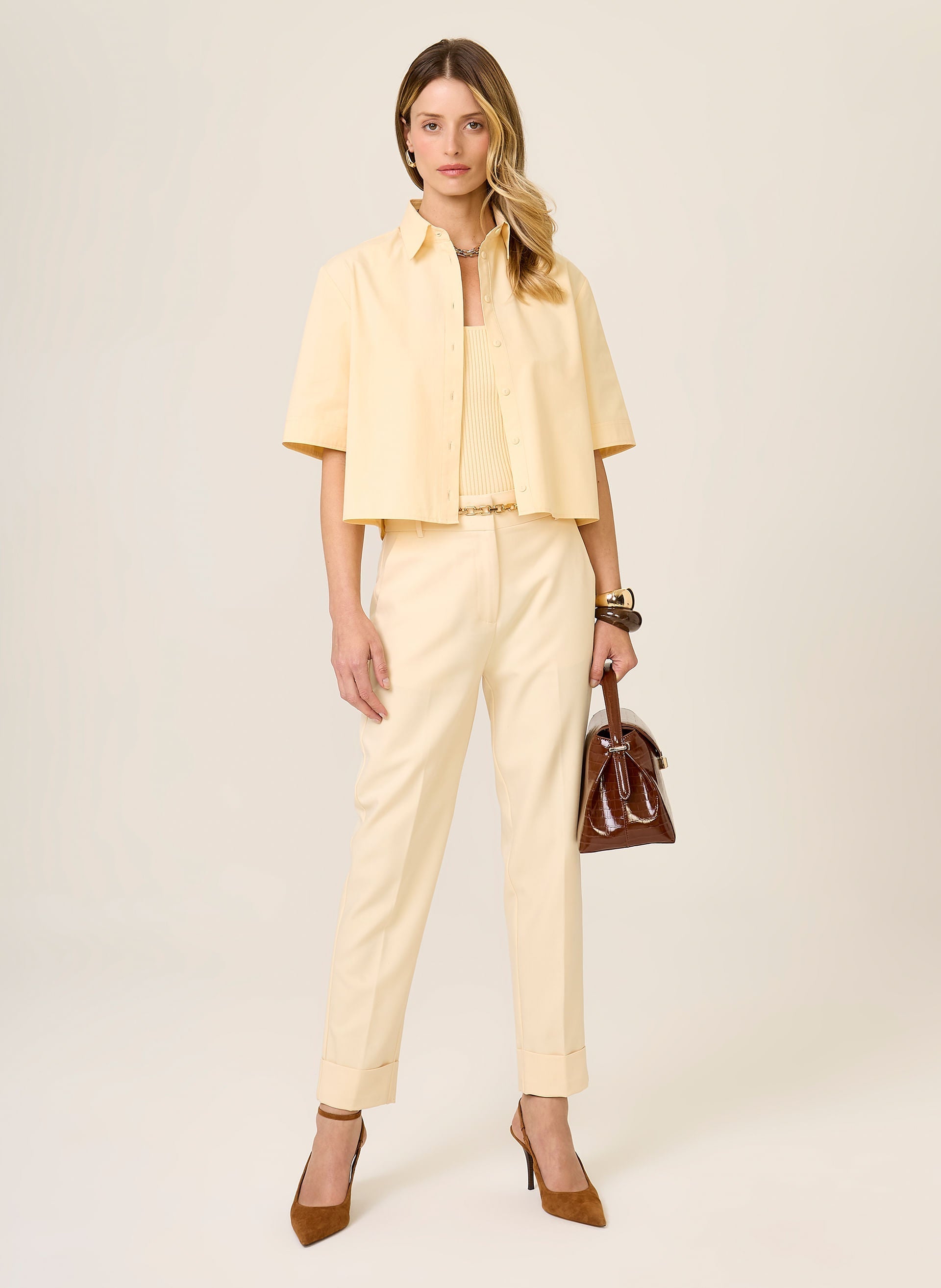 Camisa Cropped Lisa Feminina Amarela Dudalina Casual Elegante