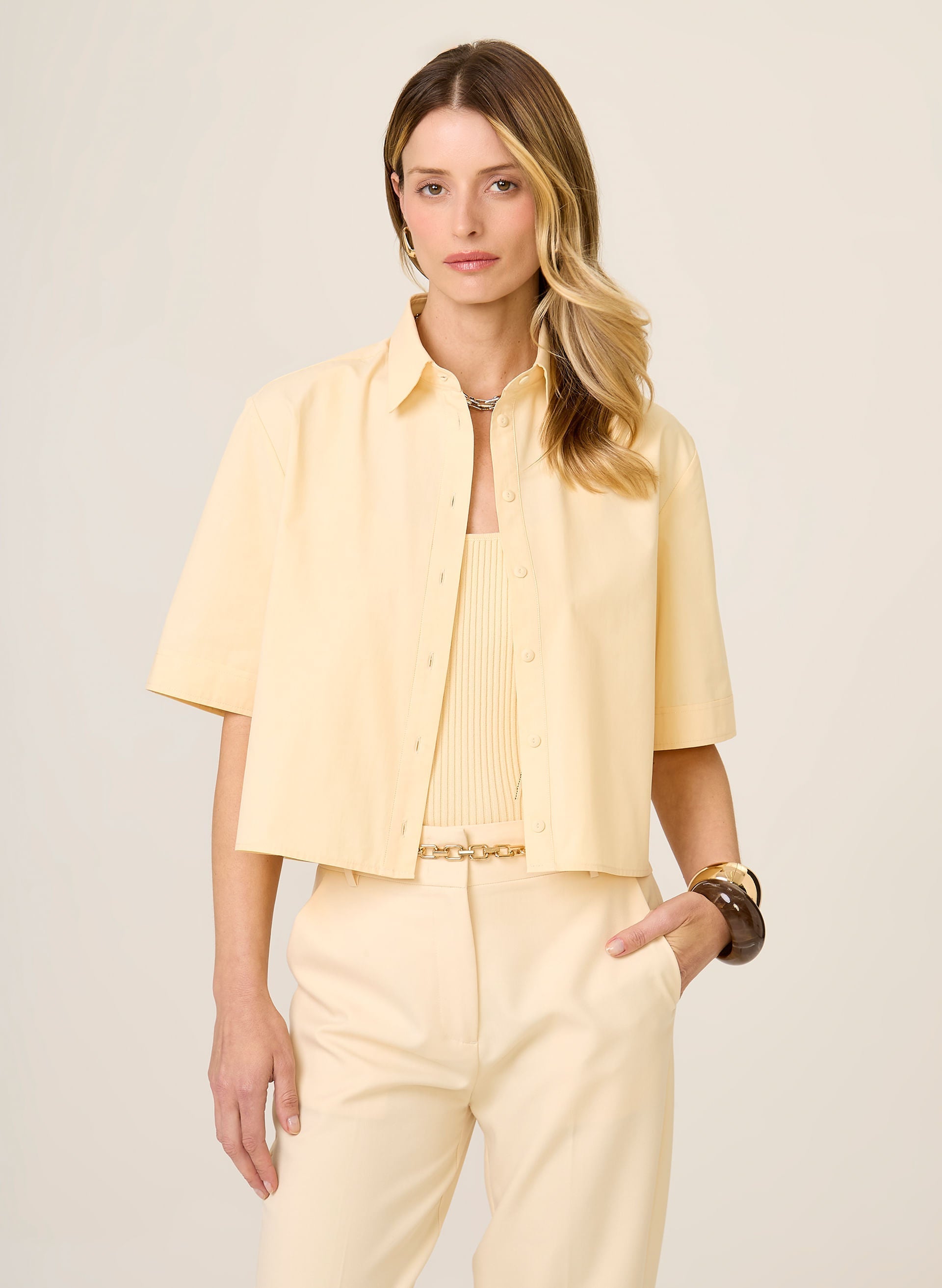 Camisa Cropped Lisa Feminina Amarela Dudalina Casual Elegante