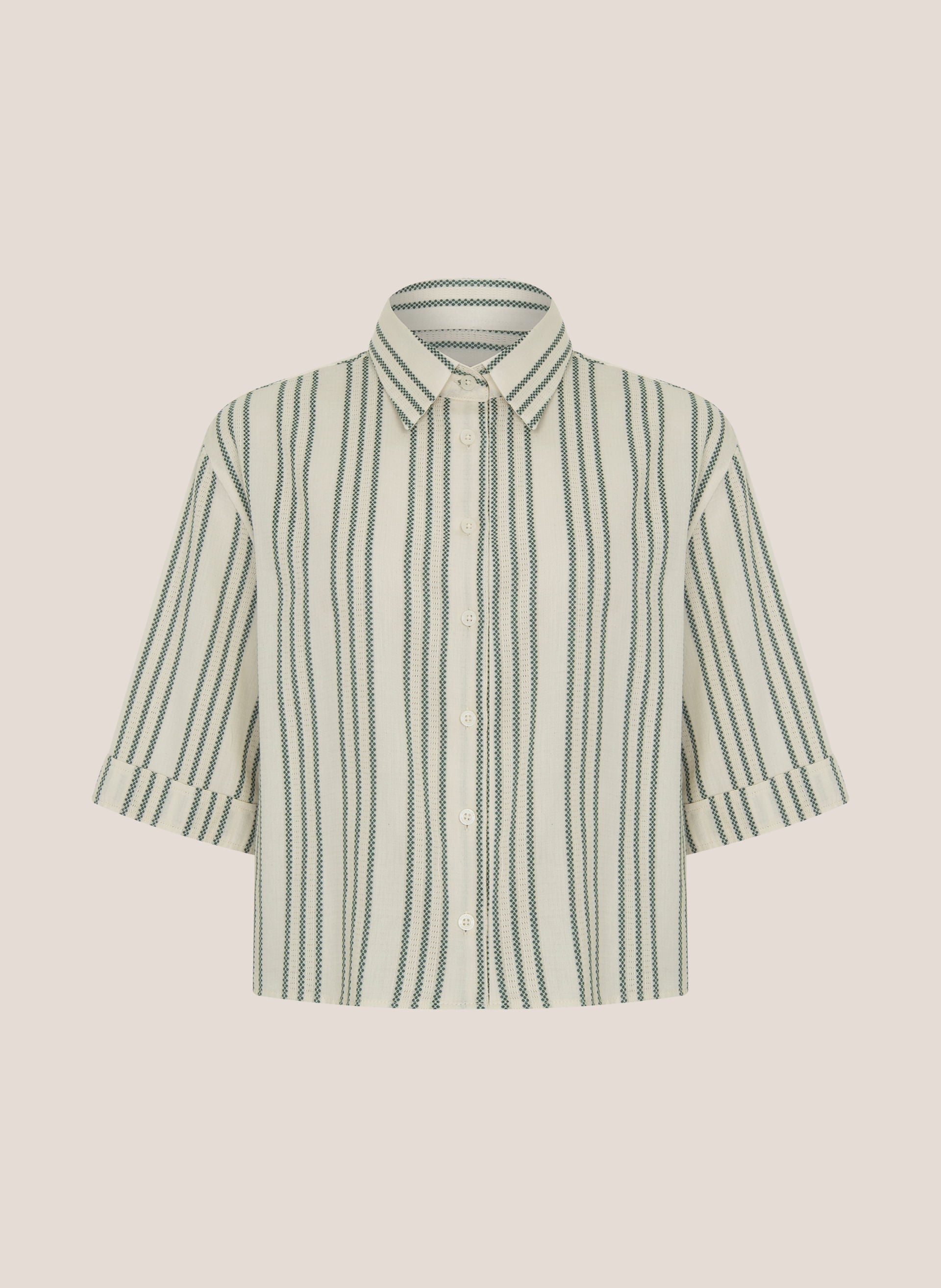 Camisa Cropped Maquinetada Feminina Listrada Verde Médio Dudalina