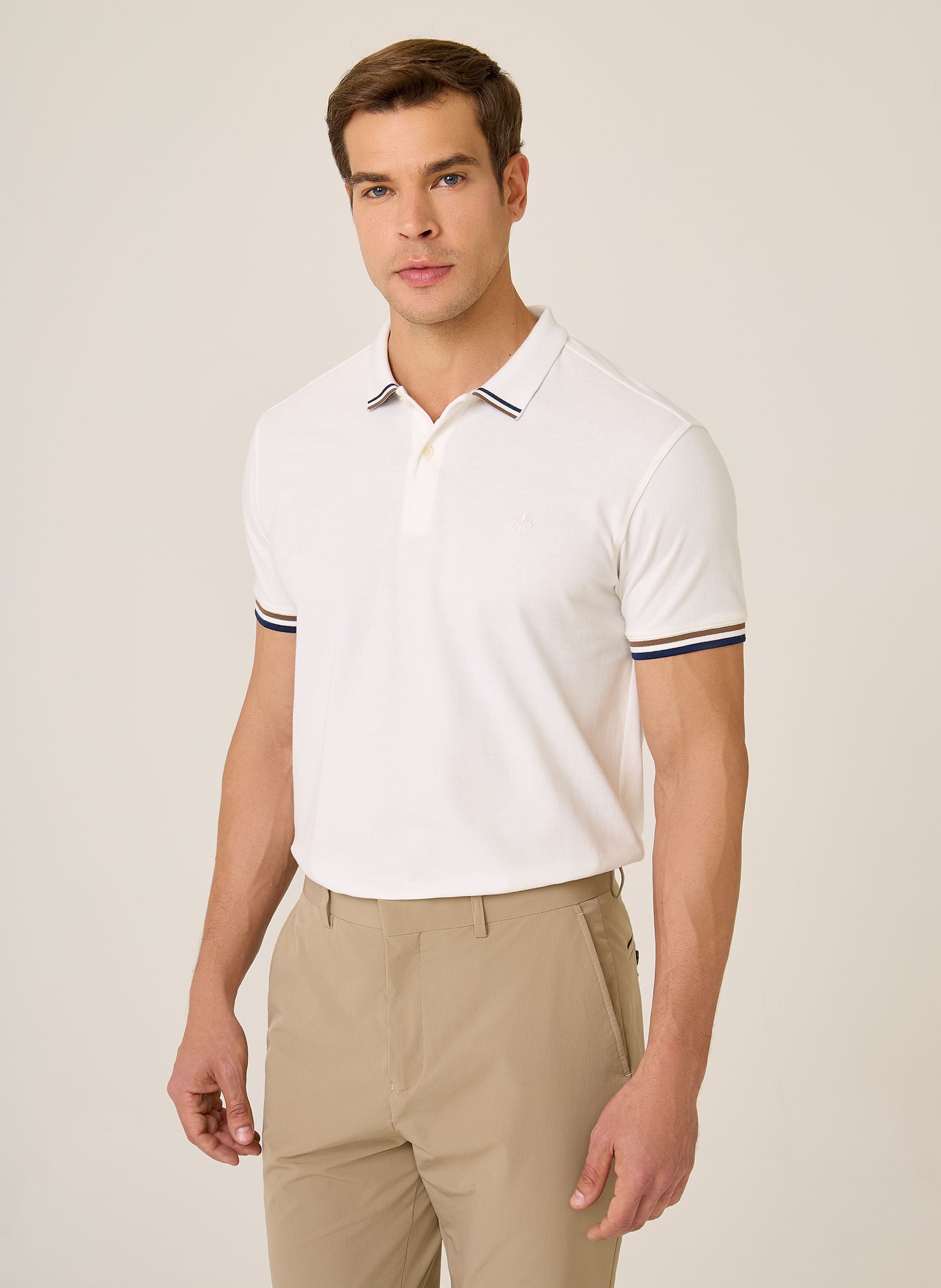 Polo Regular Fit Piquet Masculina Gola Jacquard Off White