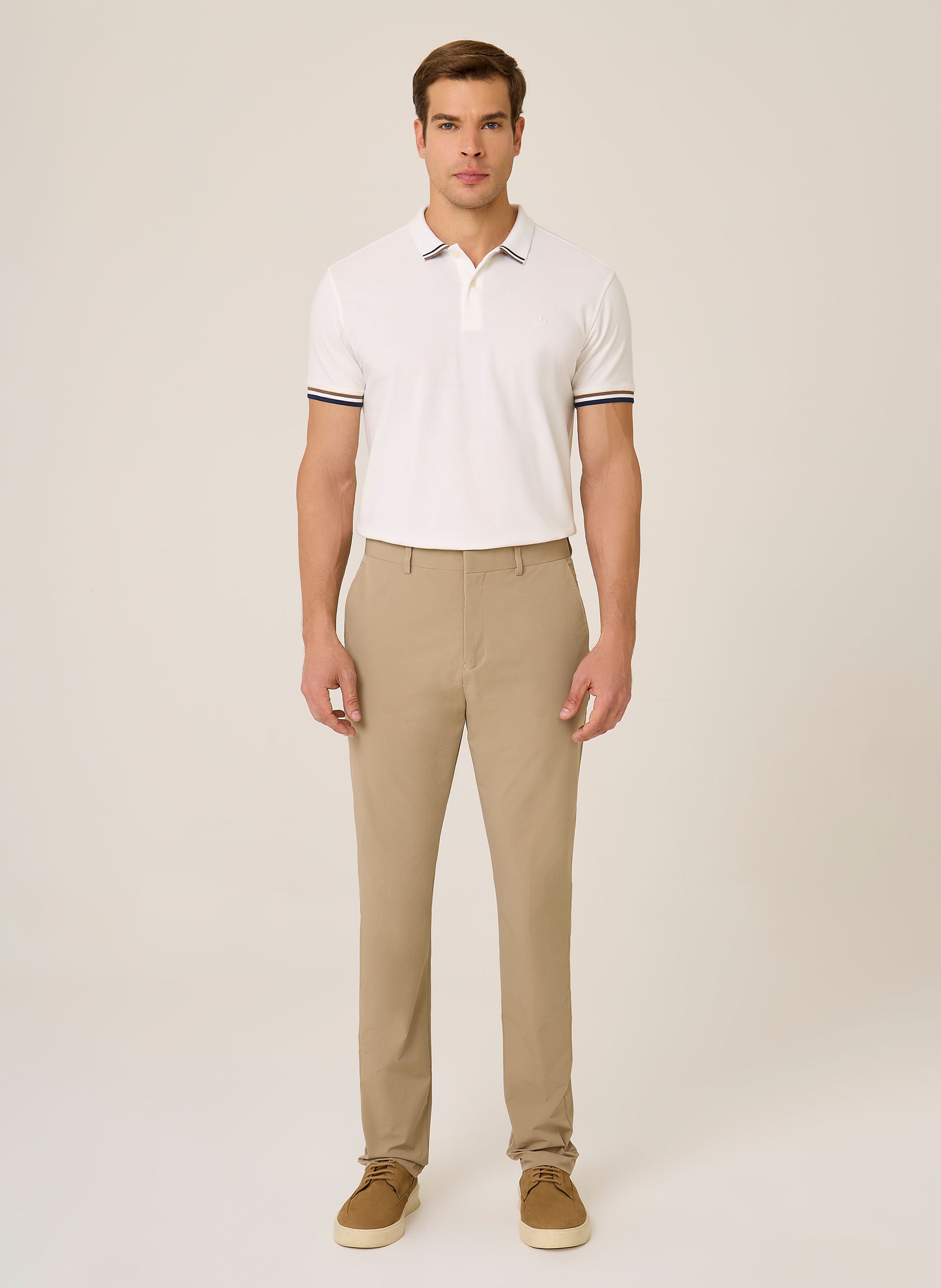 Polo Regular Fit Piquet Masculina Gola Jacquard Off White
