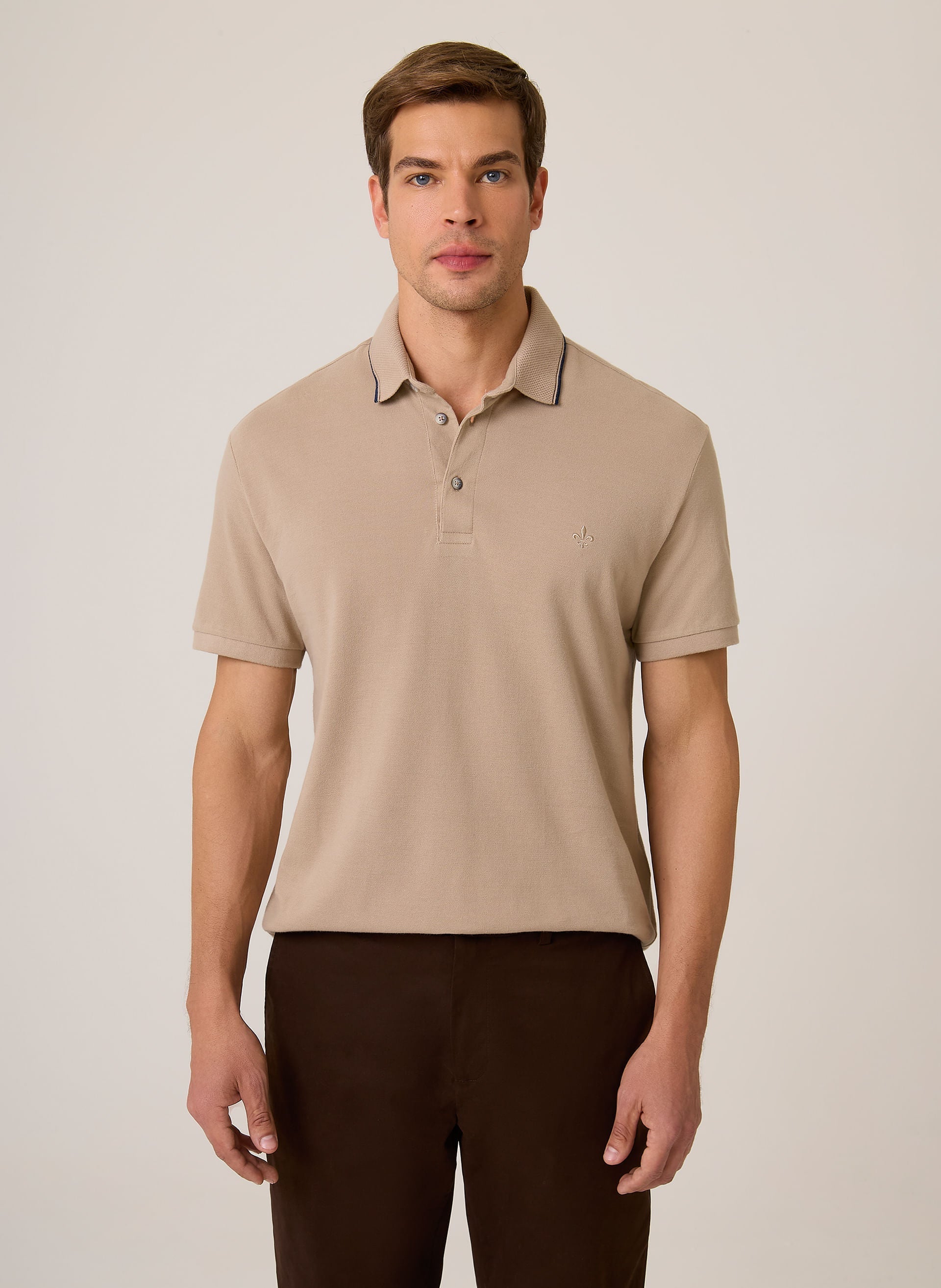 Polo Regular Fit Masculina Gola Favo Frisos Bege Elegante