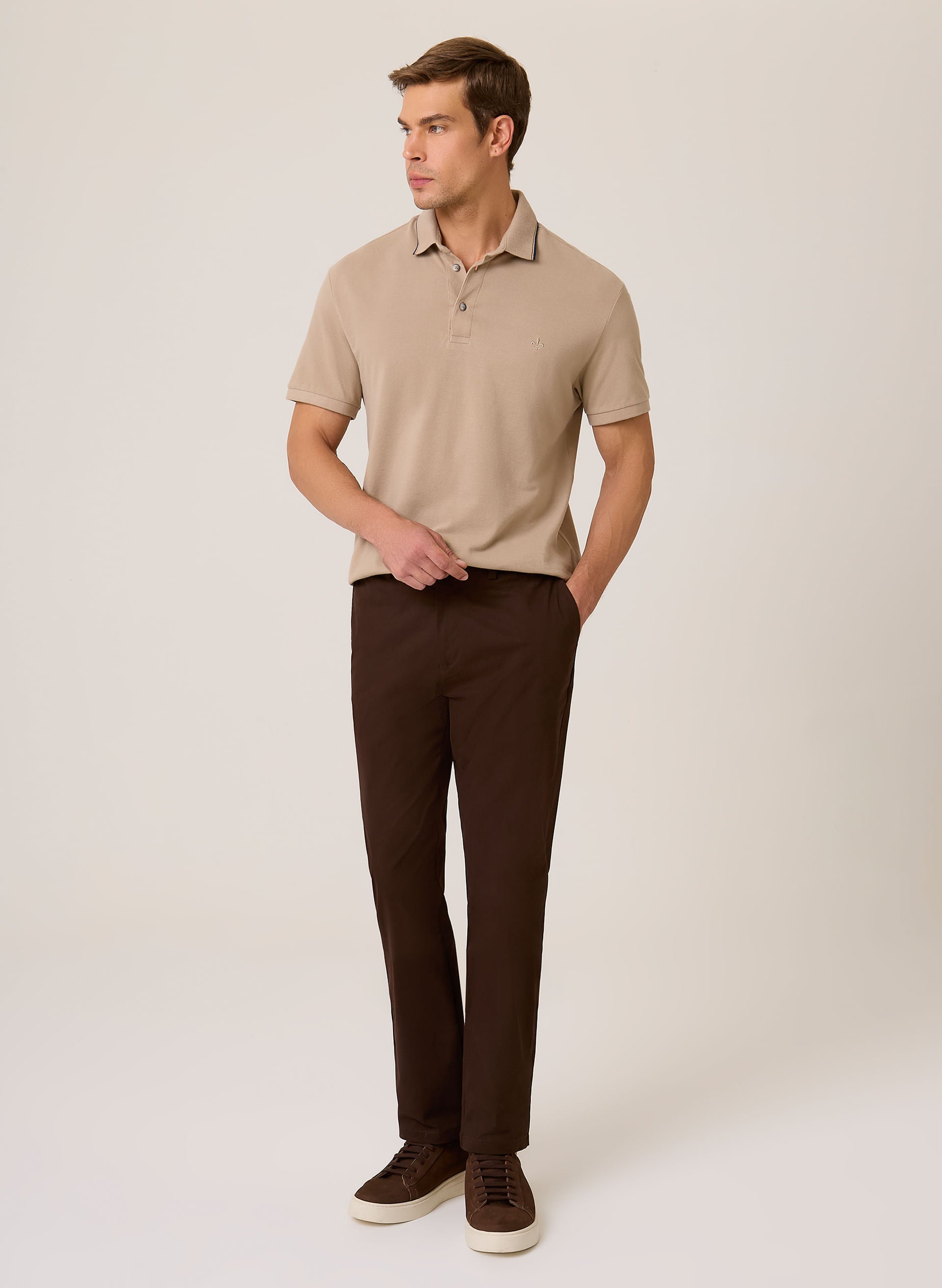 Polo Regular Fit Masculina Gola Favo Frisos Bege Elegante