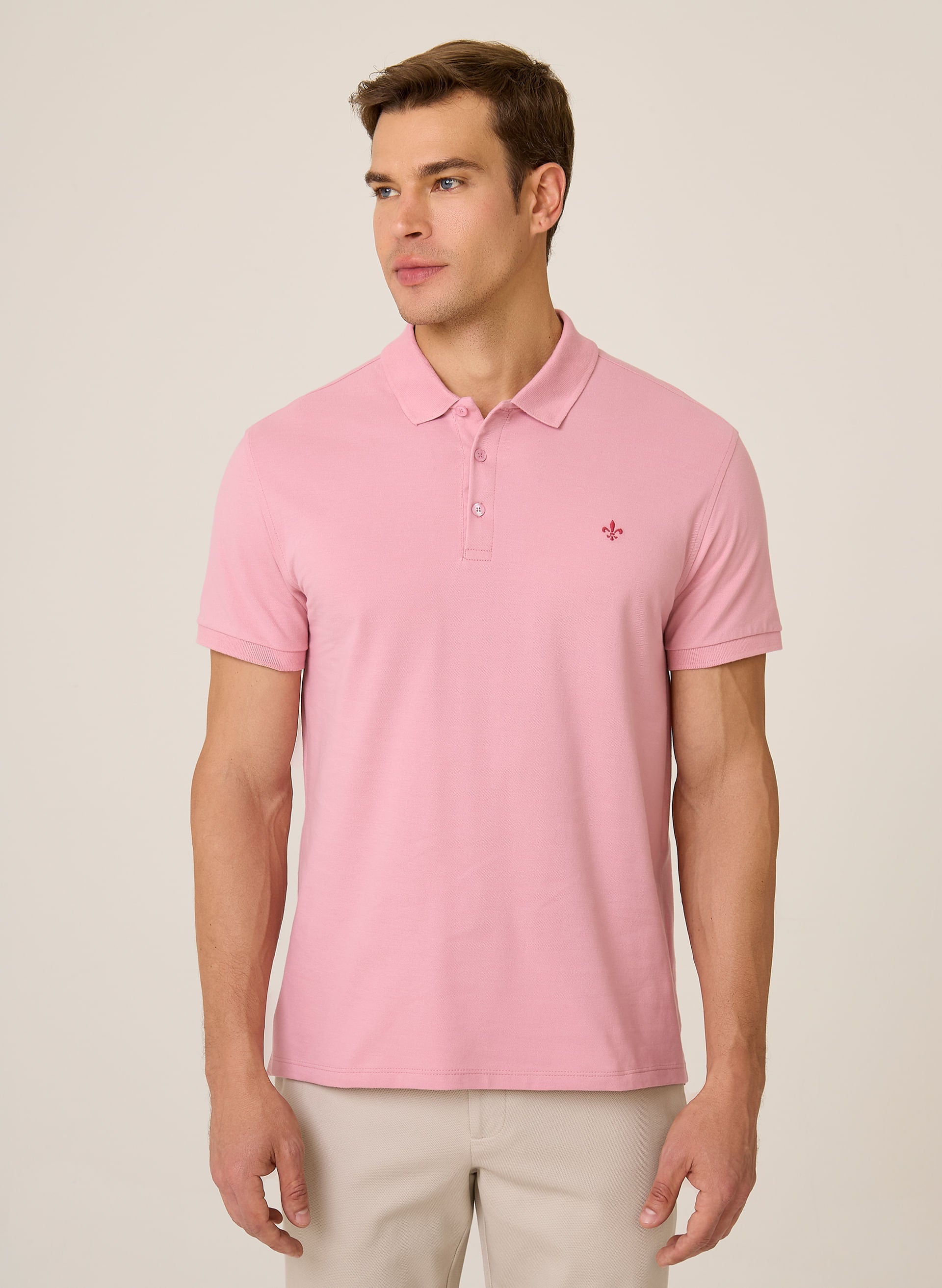Polo Masculina Regular Fit Essential Básica Rosa Claro Algodão