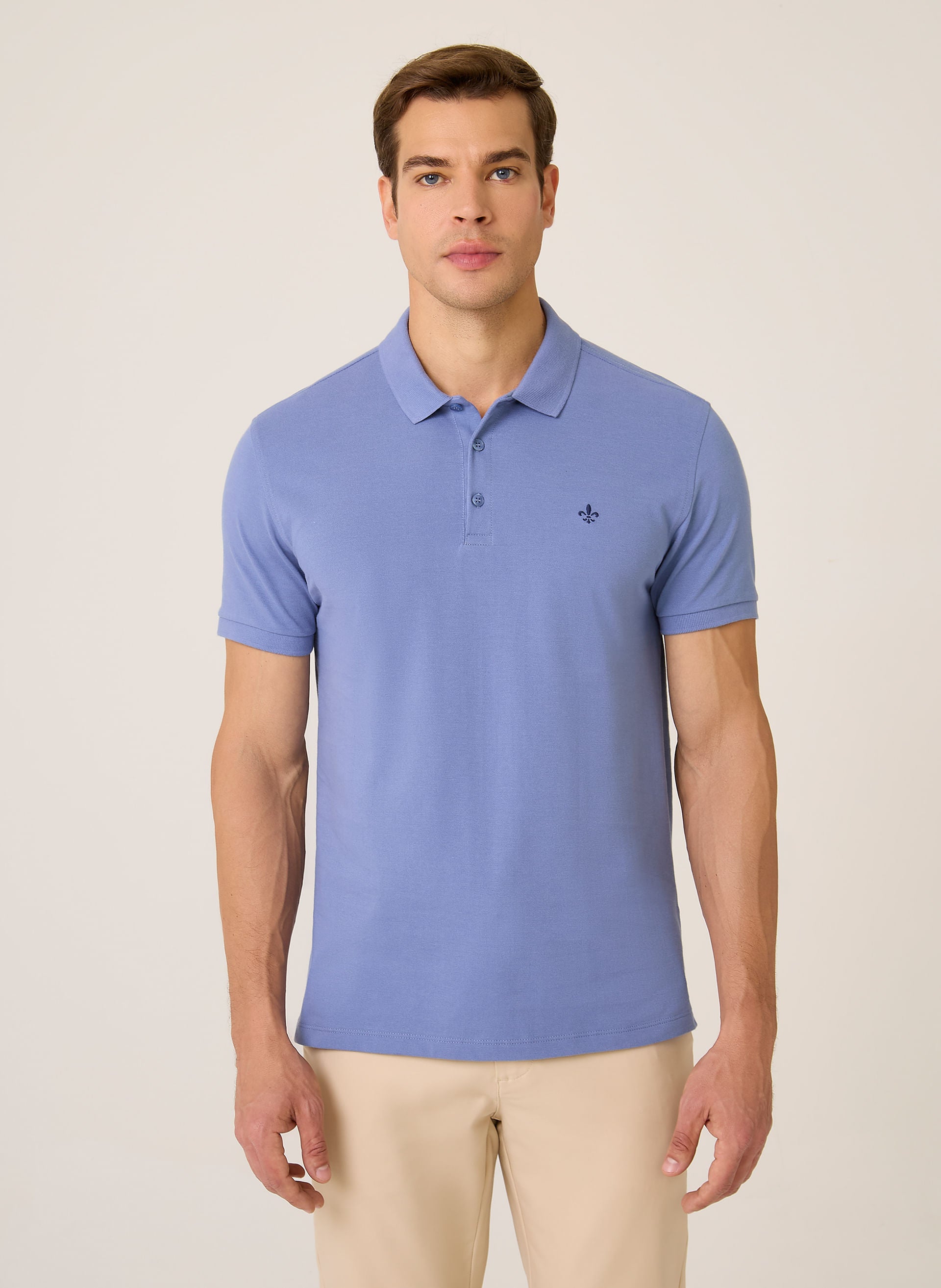 Polo Regular Fit Essential Básica Masculina Azul Médio Confortável