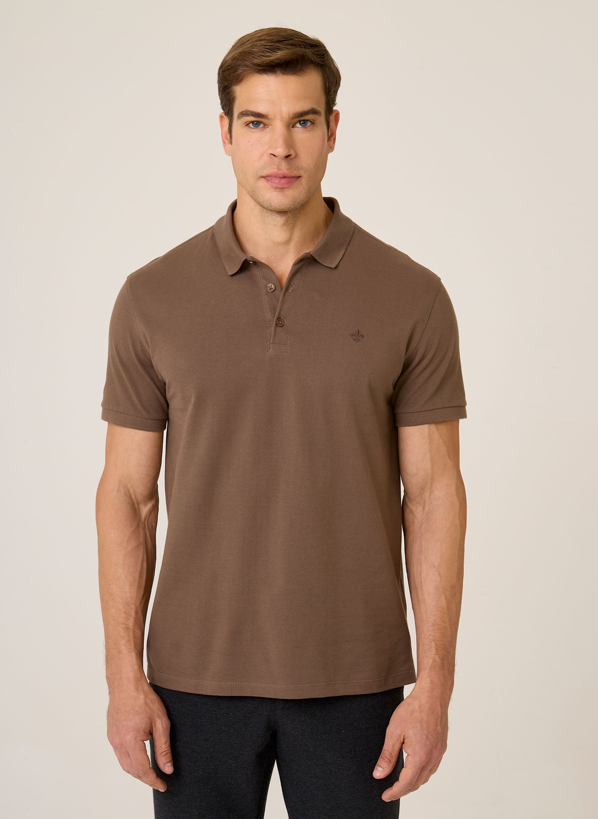 Polo Regular Fit Essential Básica Masculina Marrom Médio Confortável
