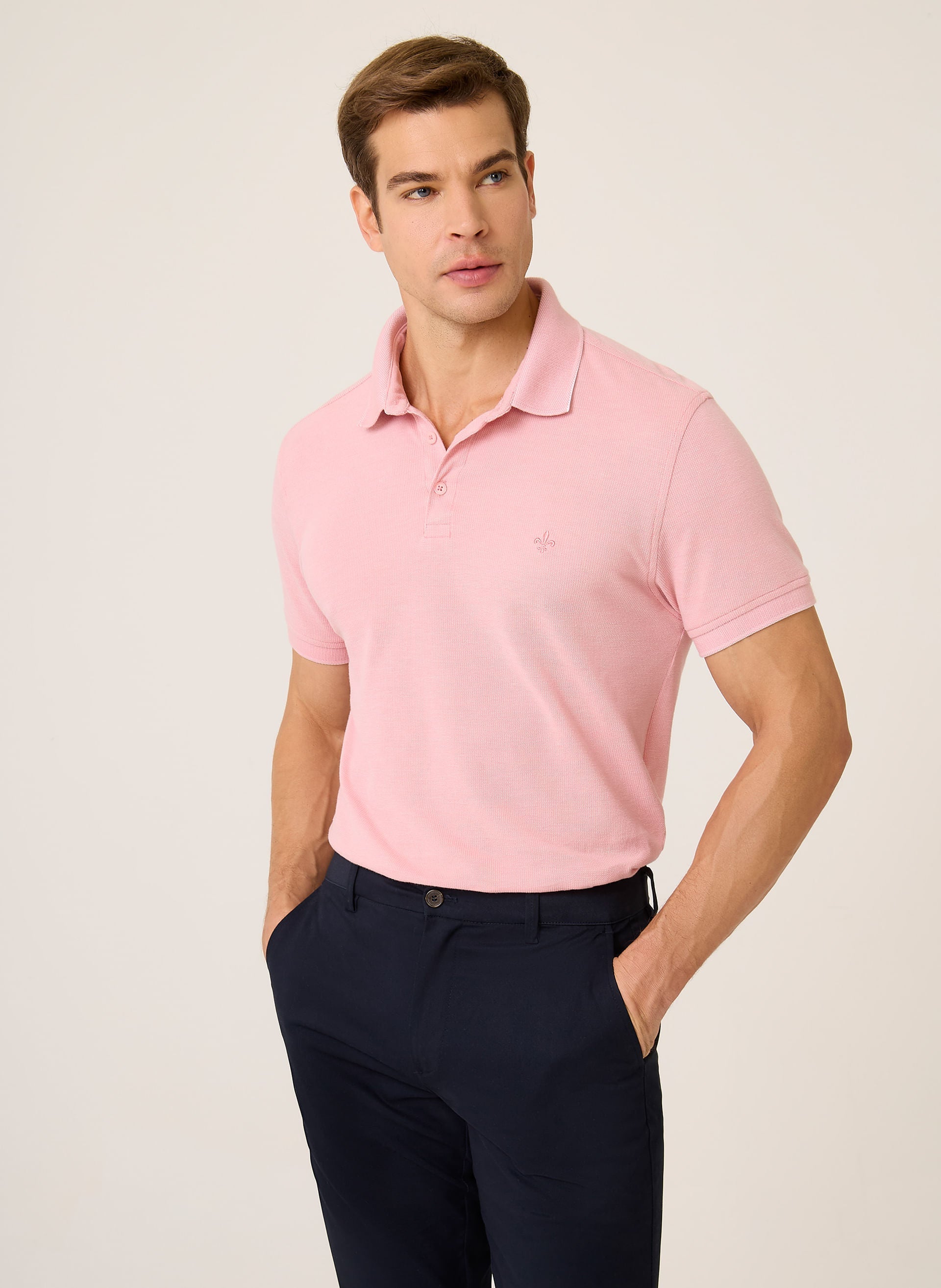 Polo Masculina Regular Fit Piquet Binada Rosa Escuro Confortável
