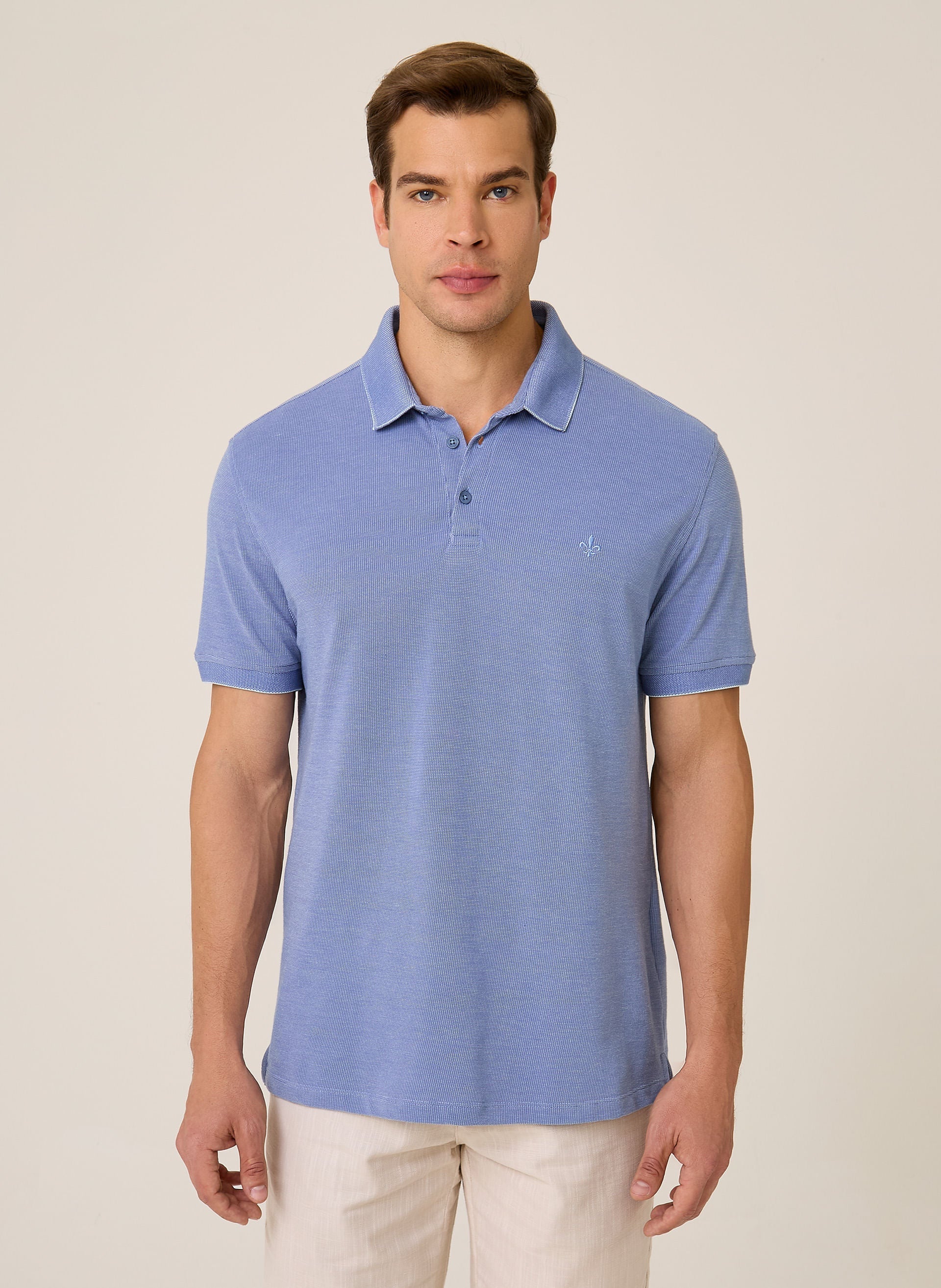 Polo Masculina Regular Fit Piquet Binada Azul Médio Confortável