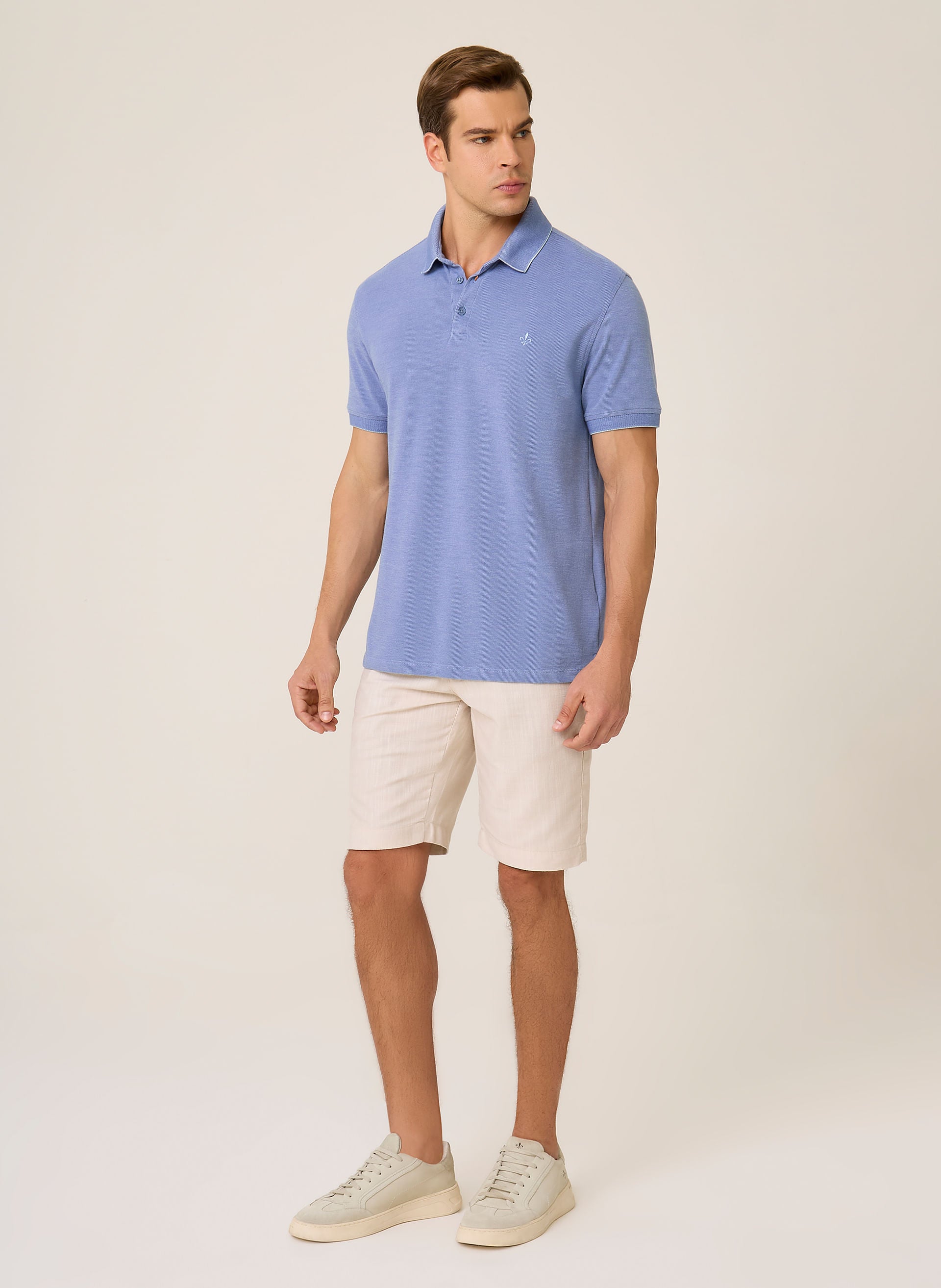 Polo Masculina Regular Fit Piquet Binada Azul Médio Confortável