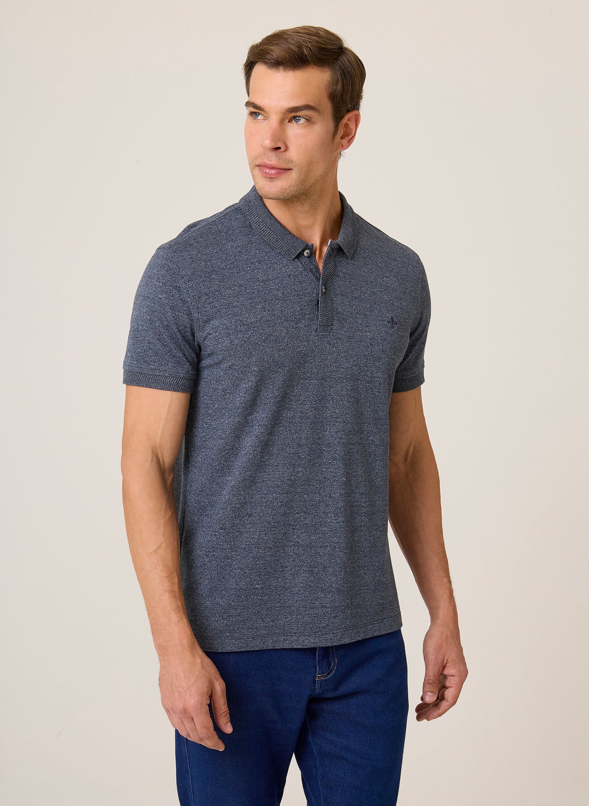 Polo Masculina Regular Fit Piquet Mouline Azul Marinho Dudalina
