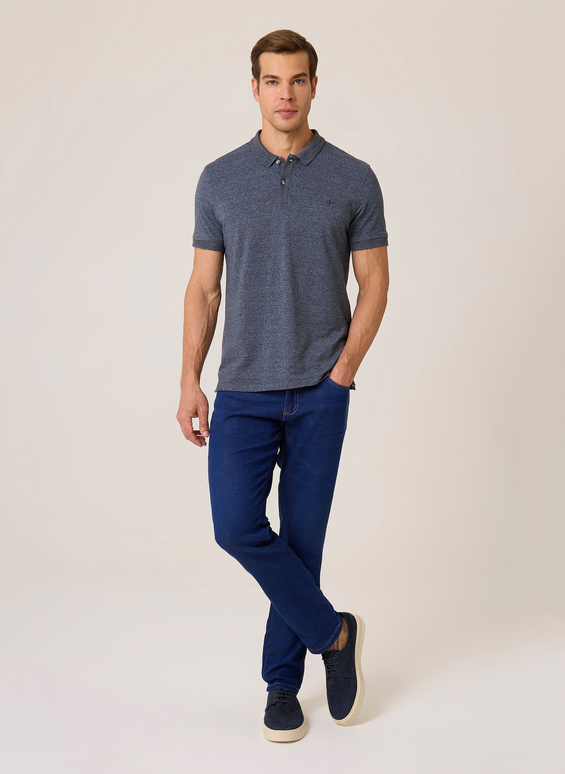 Polo Masculina Regular Fit Piquet Mouline Azul Marinho Dudalina
